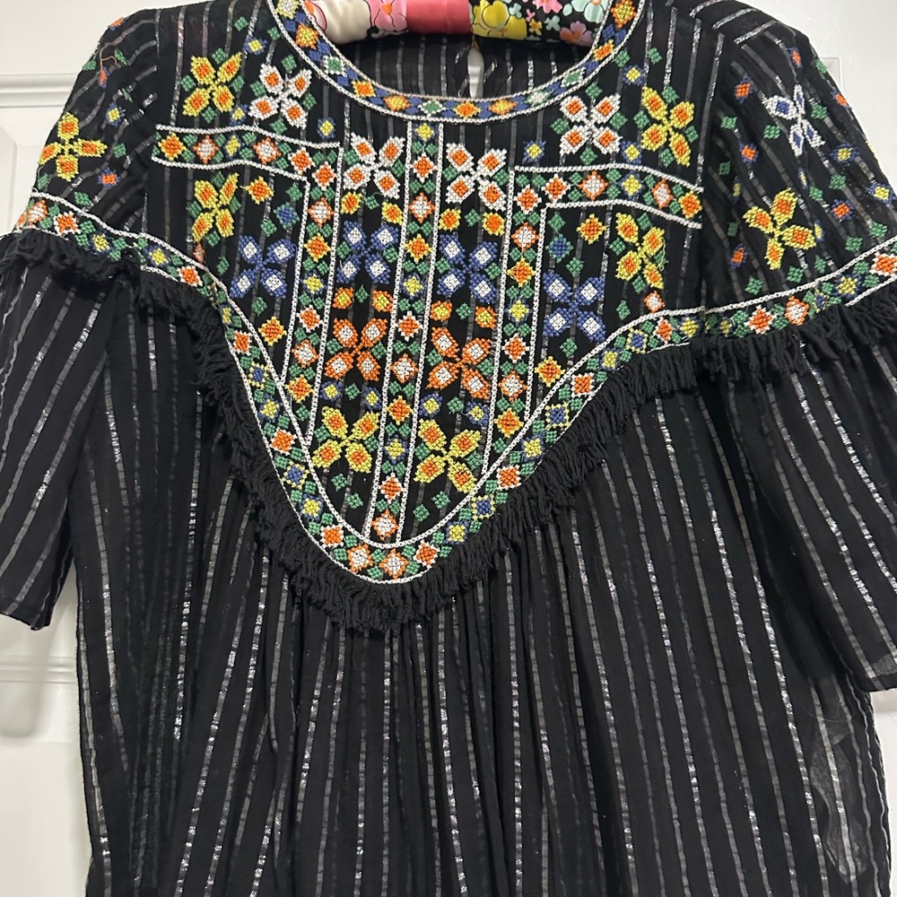 Zara Yellow and Blue Ruffled Bib Collar Blouse